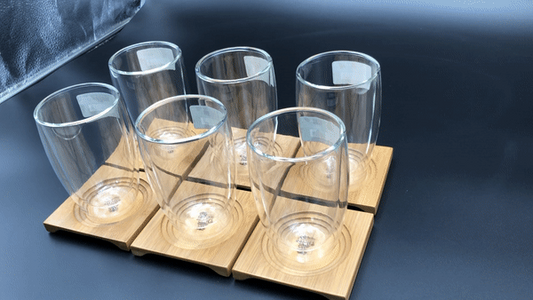 Doublewalled Thermo Glasses with Matching Bamboo Coaster Trays