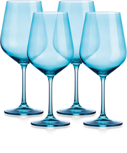 "Set of Four Translucent Aqua Blue Large Wine Glasses"